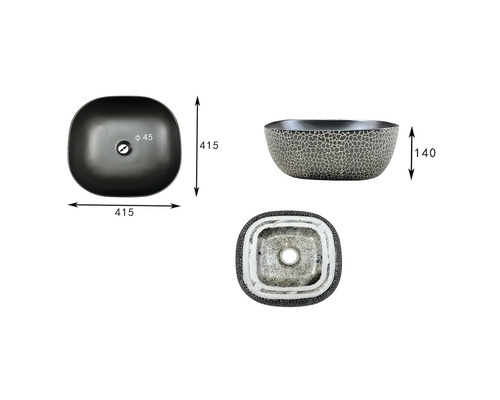 Tri pohľady na umývadlo na dosku s rozmermi.