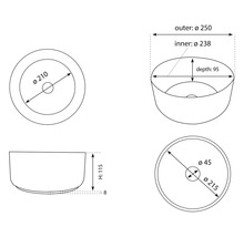 Technický nákres umývadla na dosku s rozmermi