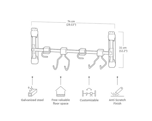 Nástenná šatníková skriňa z pozinkovanej ocele, 74 x 31 cm, s ochranou proti poškriabaniu a variabilnými háčikmi na využitie podlahovej plochy