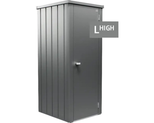 Kovová záhradná skriňa vo vysokom prevedení pre vonkajšie použitie.