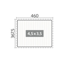 Ilustrácia s rozmermi: šírka 460 cm, hĺbka 367,5 cm, vnútorný rozmer 4,5 x 3,5 cm