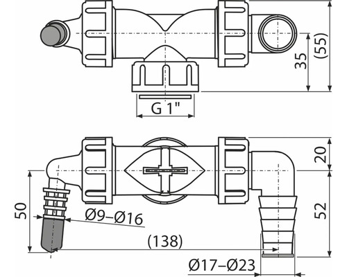 Technický nákres vodovodného kohútika s rozmermi