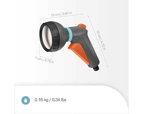 Čistiaci postrekovač Gardena s rozmermi