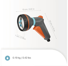 Záhradná sprcha s rozmermi 15 x 7 x 12 cm a hmotnosťou 0,19 kg