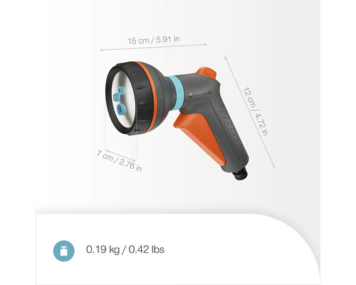 Záhradná sprcha s rozmermi 15 x 7 x 12 cm a hmotnosťou 0,19 kg