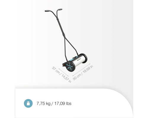 Ručná kosačka na trávu s rukoväťou a rozmermi