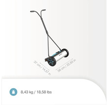 Ručná kosačka Gardena s rozmermi 37 x 58 cm a hmotnosťou 8,43 kg