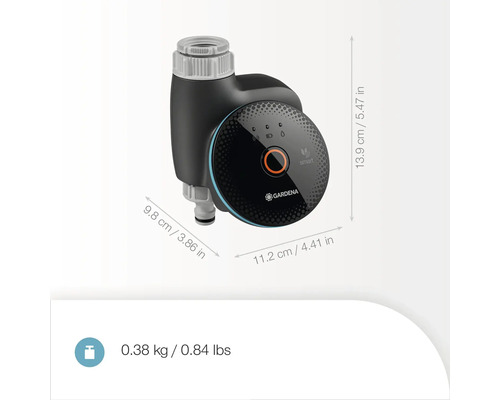Inteligentné ovládanie zavlažovania Gardena s rozmermi a hmotnosťou.