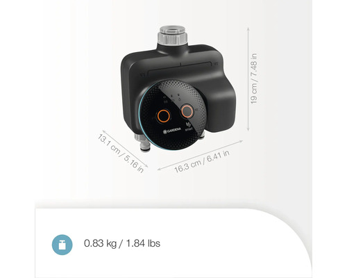 Rozdeľovač vody Gardena Smart s rozmermi