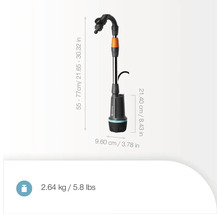 Čerpadlo do suda na dažďovú vodu Gardena s rozmermi 55 až 77 centimetrov na výšku, 9,60 centimetrov na šírku a 21,40 centimetrov do hĺbky. Hmotnosť: 2,64 kilogramov.