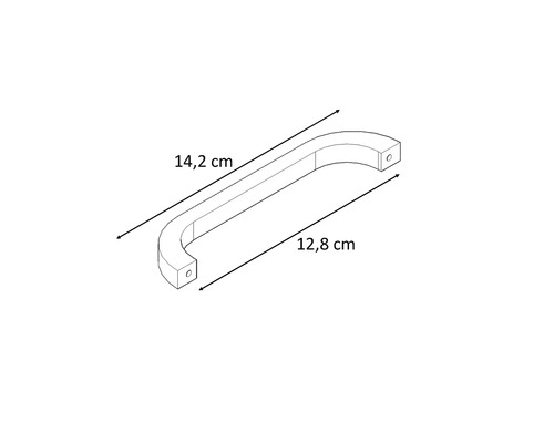Nákres nábytkovej úchytky s rozmermi 14,2 cm a 12,8 cm
