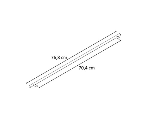 Schematické znázornenie sprchovej tyče s rozmermi 76,8 cm a 70,4 cm.