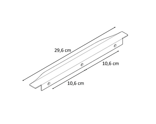 Technický nákres kovového profilu s dĺžkou 29,6 centimetrov a šírkou 10,6 centimetrov