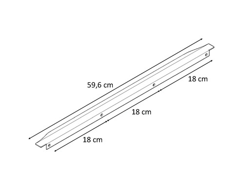 Nákres 59,6 cm dlhého profilu s otvormi a dĺžkou 18 cm na oboch koncoch.