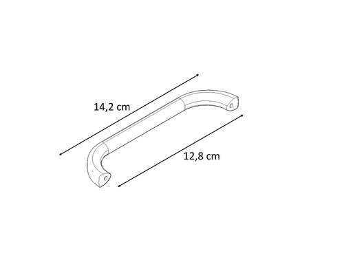 Nákres nábytkovej úchytky s rozmermi 14,2 cm a 12,8 cm