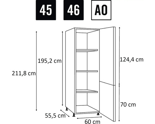 Technický nákres kuchynskej skrinky s rozmermi