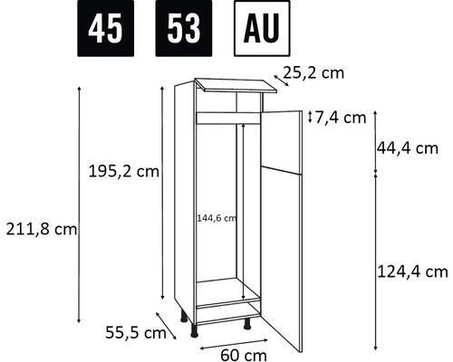 Technický nákres kuchynskej skrinky s rozmermi