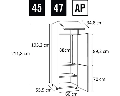 Technický nákres kuchynskej skrinky s rozmermi