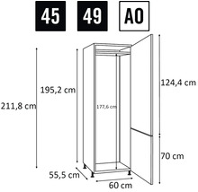 Rozmery skrine znázornené ako čiarový nákres.