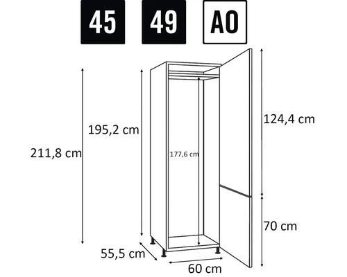 Rozmery skrine znázornené ako čiarový nákres.