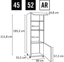 Rozmerový nákres kuchynskej skrinky s údajmi o výške, šírke a hĺbke