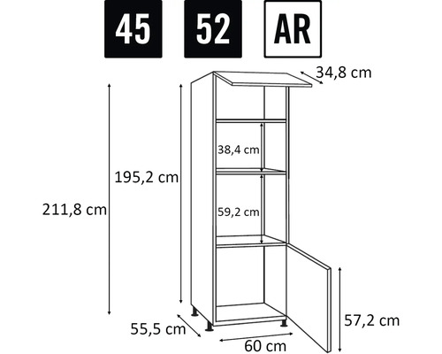 Rozmerový nákres kuchynskej skrinky s údajmi o výške, šírke a hĺbke