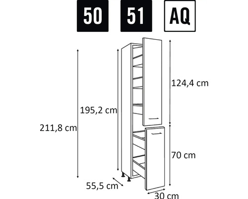 Technický nákres skrine s rozmermi.