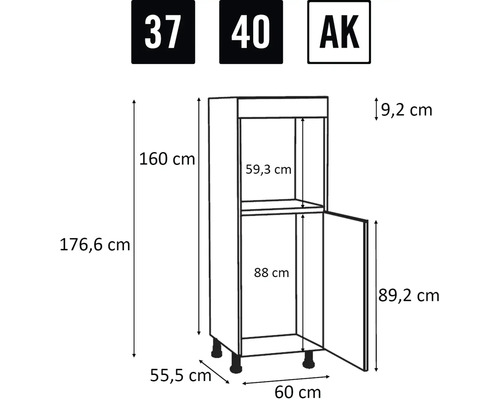 Technický nákres vysokej skrine s rozmermi