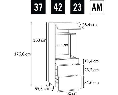 Technický nákres kuchynskej skrinky s rozmermi
