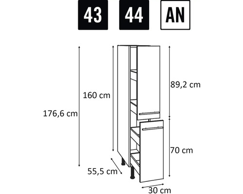 Technický výkres kuchynskej skrinky s rozmermi