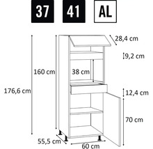 Technický nákres kuchynskej skrinky s rozmermi