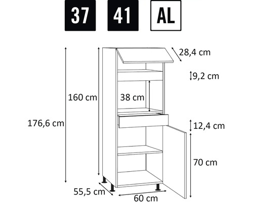 Technický nákres kuchynskej skrinky s rozmermi