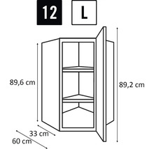 Technický nákres rohovej závesnej skrinky s rozmermi.