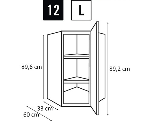 Technický nákres rohovej závesnej skrinky s rozmermi.