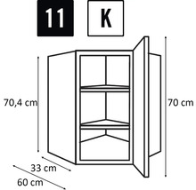 Nákres rohovej závesnej skrinky s rozmermi.