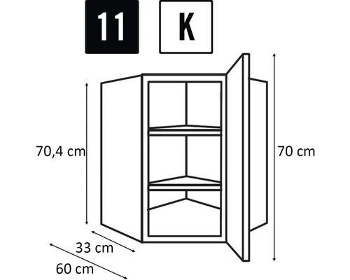 Nákres rohovej závesnej skrinky s rozmermi.