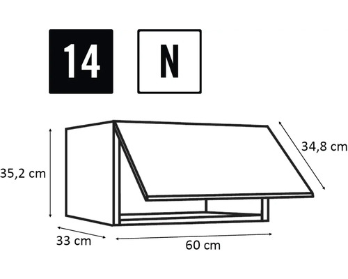 Technický nákres závesnej skrinky s rozmermi