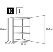 Nákres otvorenej nástennej skrinky s tromi policami a rozmermi