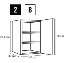 Technický nákres závesnej skrinky s dvierkami a vnútornými policami, rozmery sú uvedené