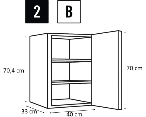 Technický nákres závesnej skrinky s dvierkami a vnútornými policami, rozmery sú uvedené