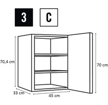 Nákres nástennej skrinky s tromi policami a rozmermi