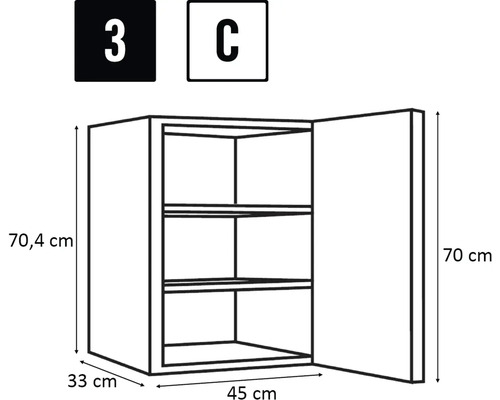Nákres nástennej skrinky s tromi policami a rozmermi