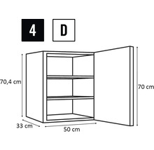 Nákres závesnej skrinky s rozmermi 70,4 cm výška, 33 cm hĺbka a 50 cm šírka.