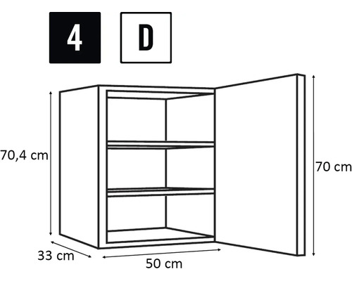 Nákres závesnej skrinky s rozmermi 70,4 cm výška, 33 cm hĺbka a 50 cm šírka.