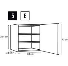 Technický nákres závesnej kuchynskej skrinky s tromi policami a rozmermi 70,4 cm výška, 33 cm hĺbka a 60 cm šírka.