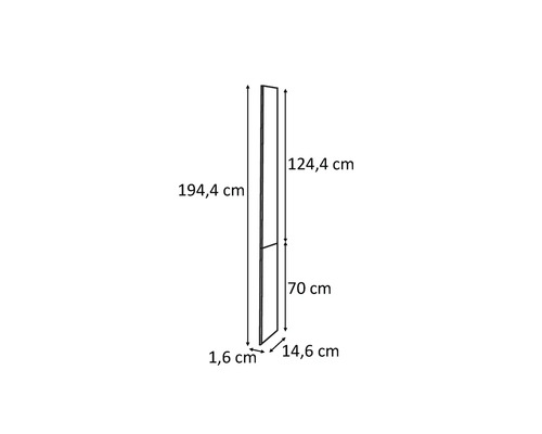Technický nákres panelu s rozmermi 194,4 cm na výšku, 14,6 cm na šírku a 1,6 cm do hĺbky