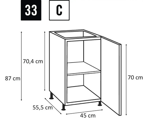 Nákres skrinky pod umývadlo s rozmermi 87 x 45 x 55,5 cm.