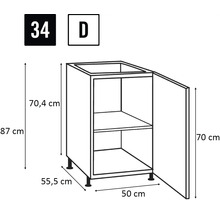 Ilustrácia spodnej kuchynskej skrinky s rozmermi 87 cm výška, 50 cm šírka a 55,5 cm hĺbka