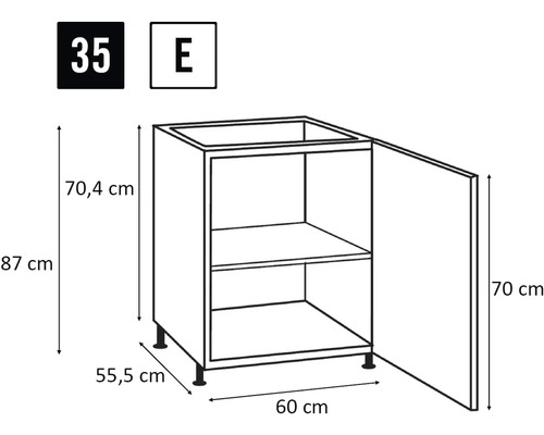 Nákres spodnej kuchynskej skrinky s rozmermi