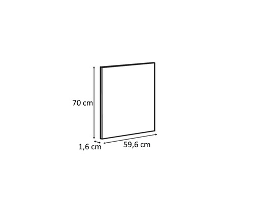 Nákres skrinky s rozmermi 70 cm výška, 59,6 cm šírka a 1,6 cm hĺbka
